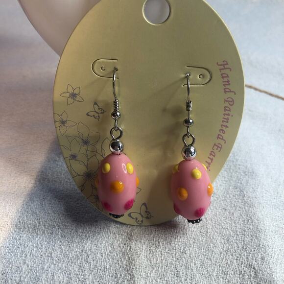 Pink Pastel Polka Dotted Lampwork Bead Earrings Dangle NWT - Picture 5 of 6